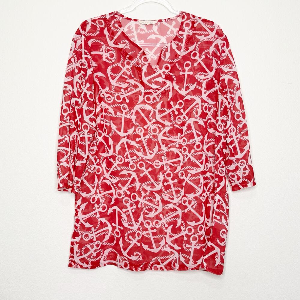 INDIGO SOUL Tunic Top V-Neck 3/4 Sleeve Cover-Up Anchor Print Red White Womens L - Picture 9 of 9